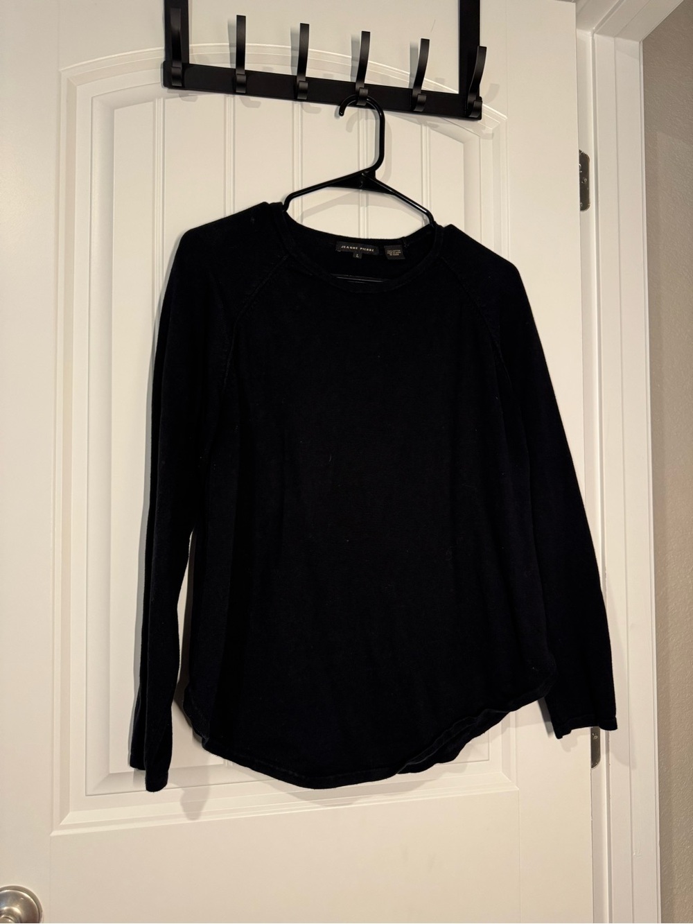 JEANNE PIERRE Cotton Black Long-Sleeve Crewneck Top